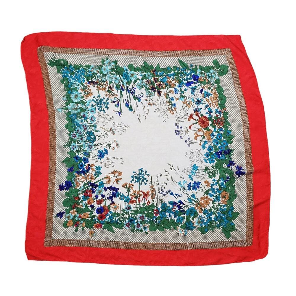 Vintage Silk Floral Scarf with Red Border 33 Inches Square Parisian Old Money